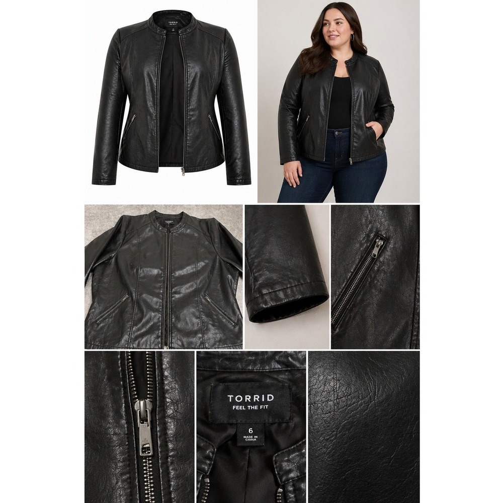 Torrid Black Faux Leather Moto Jacket Plus Size 6 Zip Pocket Minimalist Biker - Picture 9 of 16